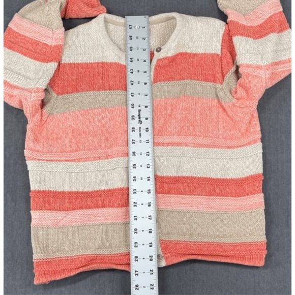 LL Bean Sweater Knit Button Up Cardigan Womens Petite M Pink Orange Cream Stripe - Picture 5 of 7